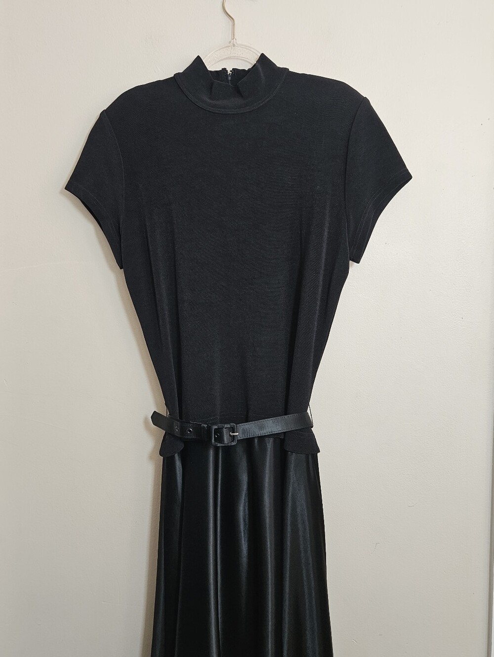 Vintage Tadashi Shoji Black Gown Belted Mock Neck Satin Skirt Evening Dress 14 - Picture 2 of 10